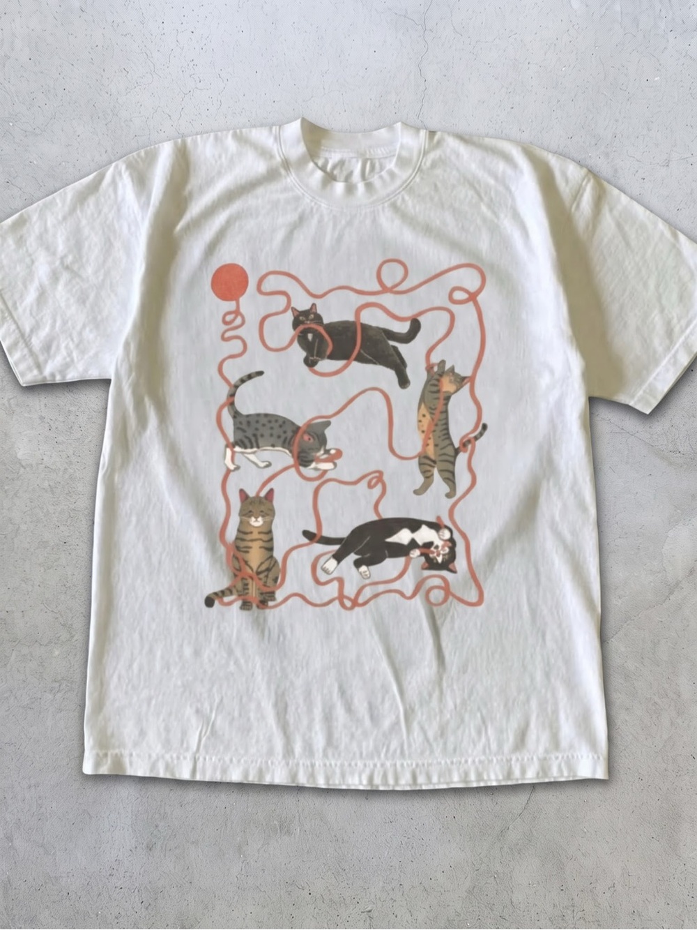 Gildan White Tee with Coral Yarn and Playful
Cats Graphic